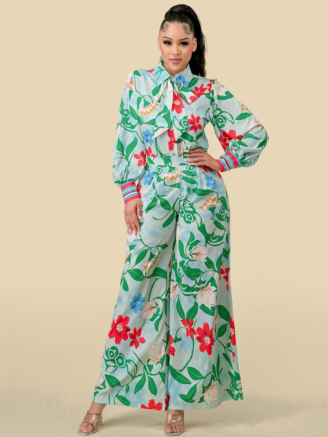 WOMEN'S LONG SLEEVE BLOUSE & WIDE LEG PANTS FLORAL PRINT 2PC. SET