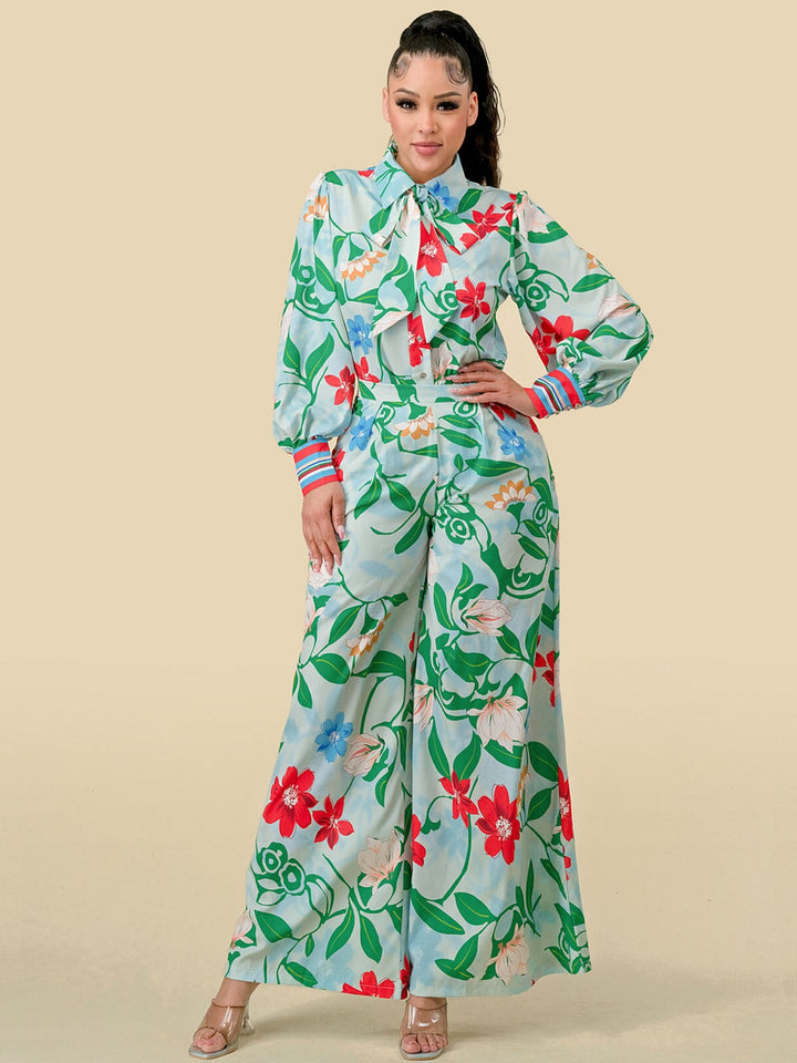 WOMEN'S LONG SLEEVE BLOUSE & WIDE LEG PANTS FLORAL PRINT 2PC. SET