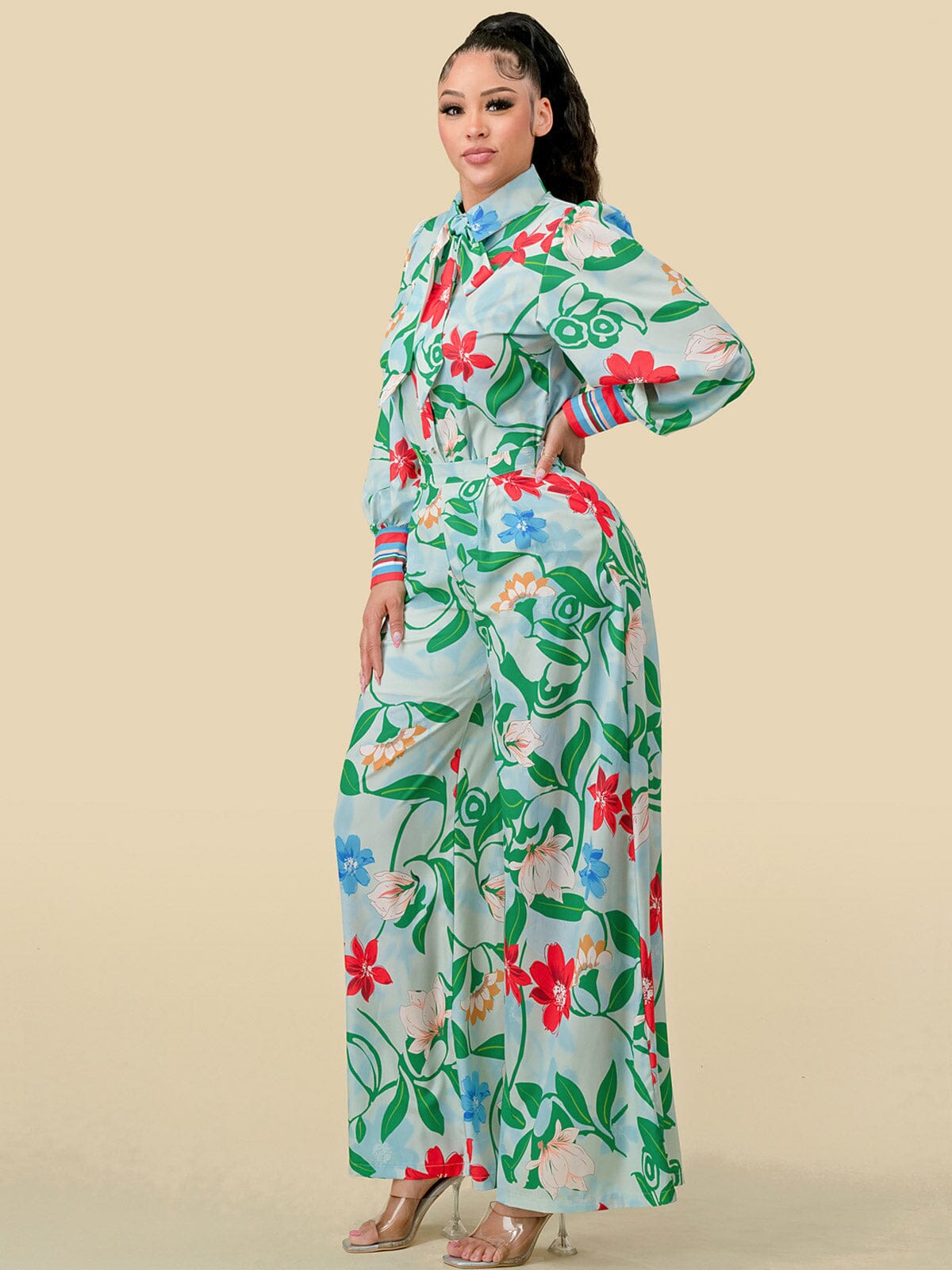 WOMEN'S LONG SLEEVE BLOUSE & WIDE LEG PANTS FLORAL PRINT 2PC. SET