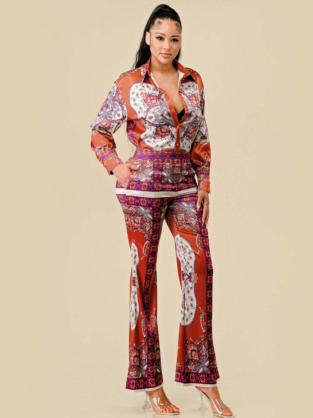 WOMEN'S LONG SLEEVE BLOUSE & BELL LEG PANTS MULTI PRINT 2PC. SET