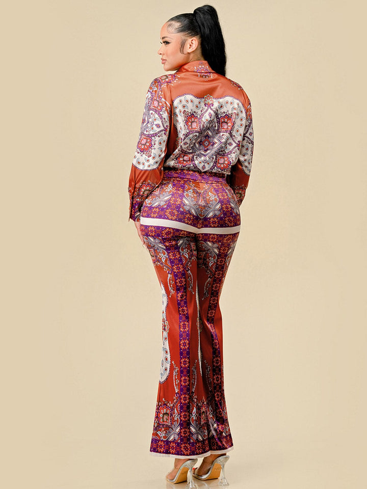WOMEN'S LONG SLEEVE BLOUSE & BELL LEG PANTS MULTI PRINT 2PC. SET