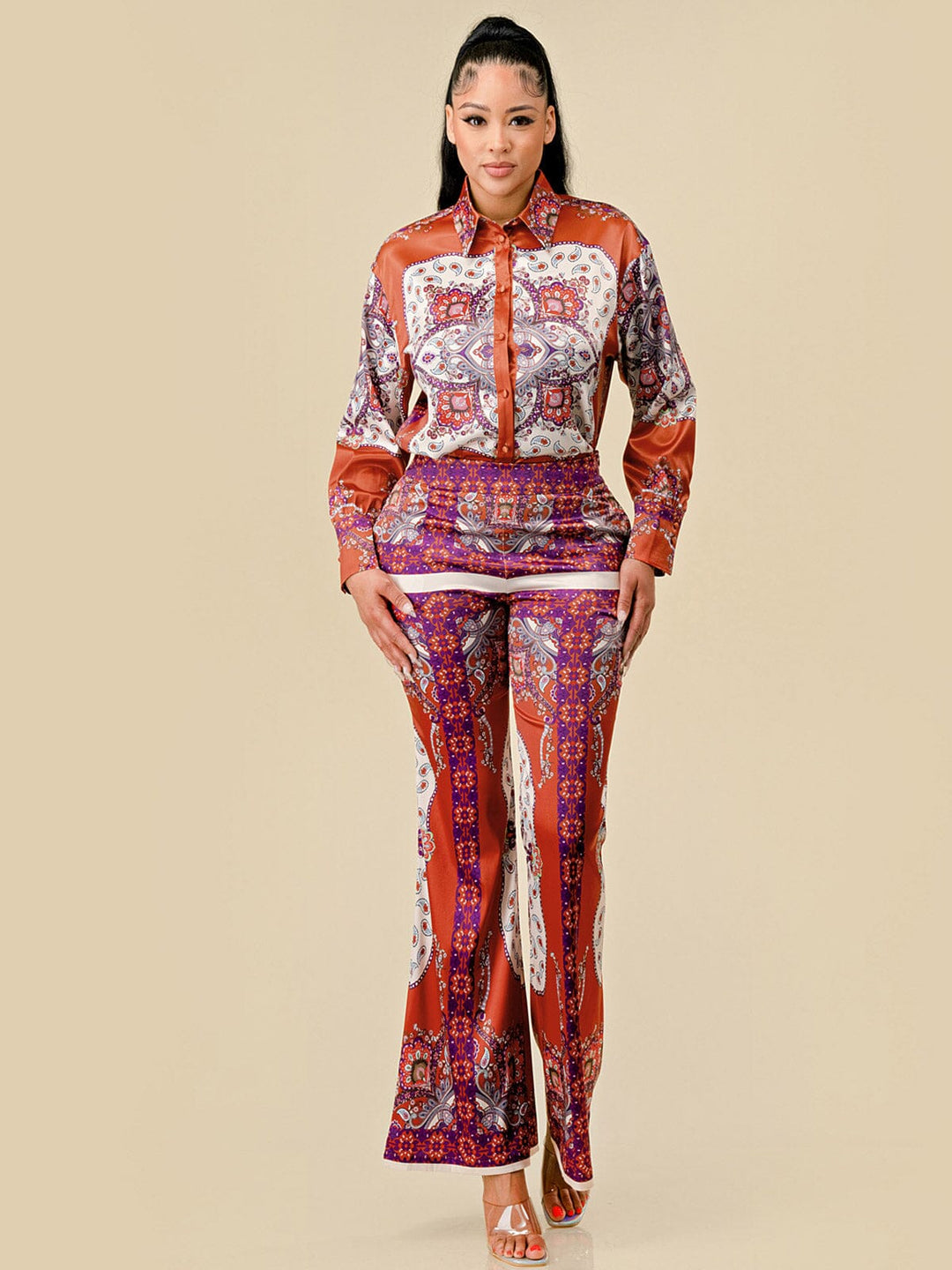 WOMEN'S LONG SLEEVE BLOUSE & BELL LEG PANTS MULTI PRINT 2PC. SET
