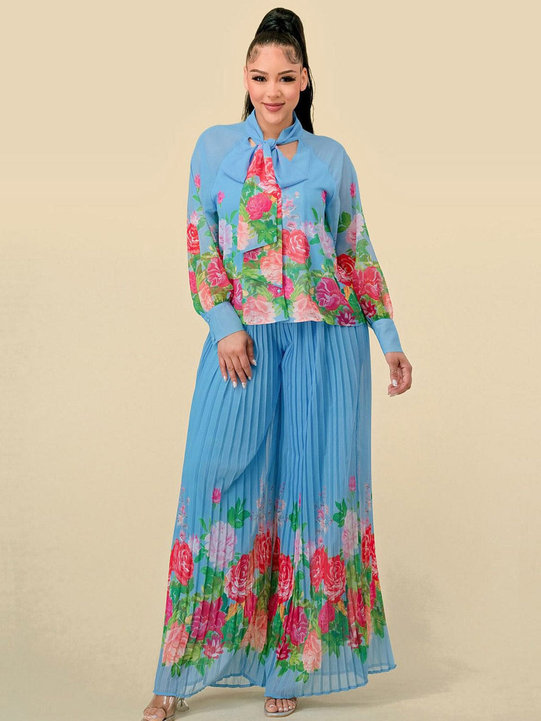 WOMEN'S LONG SLEEVE BLOUSE & WIDE LEG PLEATED PANTS FLORAL PRINT 2PC. SET