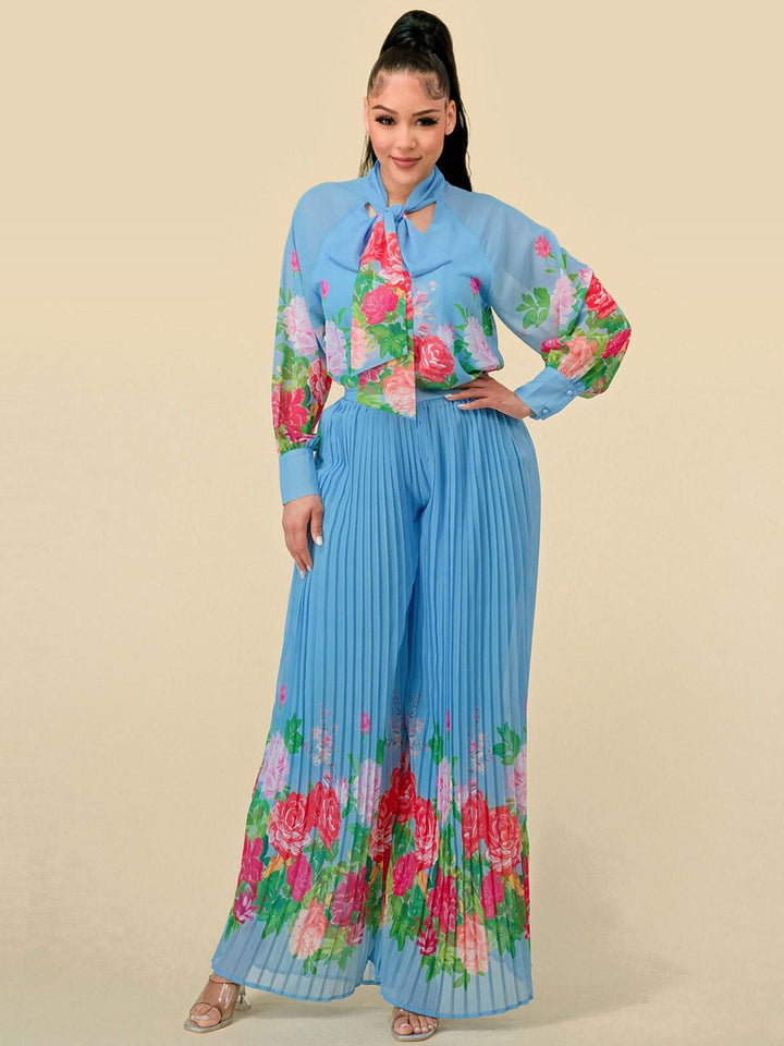 WOMEN'S LONG SLEEVE BLOUSE & WIDE LEG PLEATED PANTS FLORAL PRINT 2PC. SET