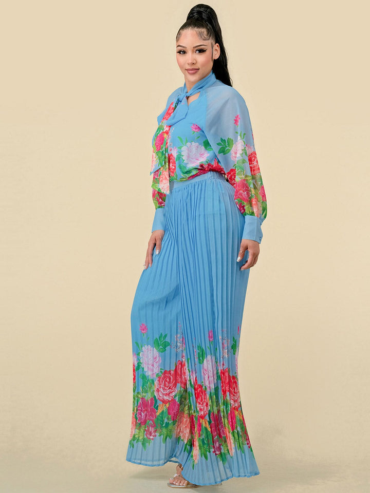WOMEN'S LONG SLEEVE BLOUSE & WIDE LEG PLEATED PANTS FLORAL PRINT 2PC. SET