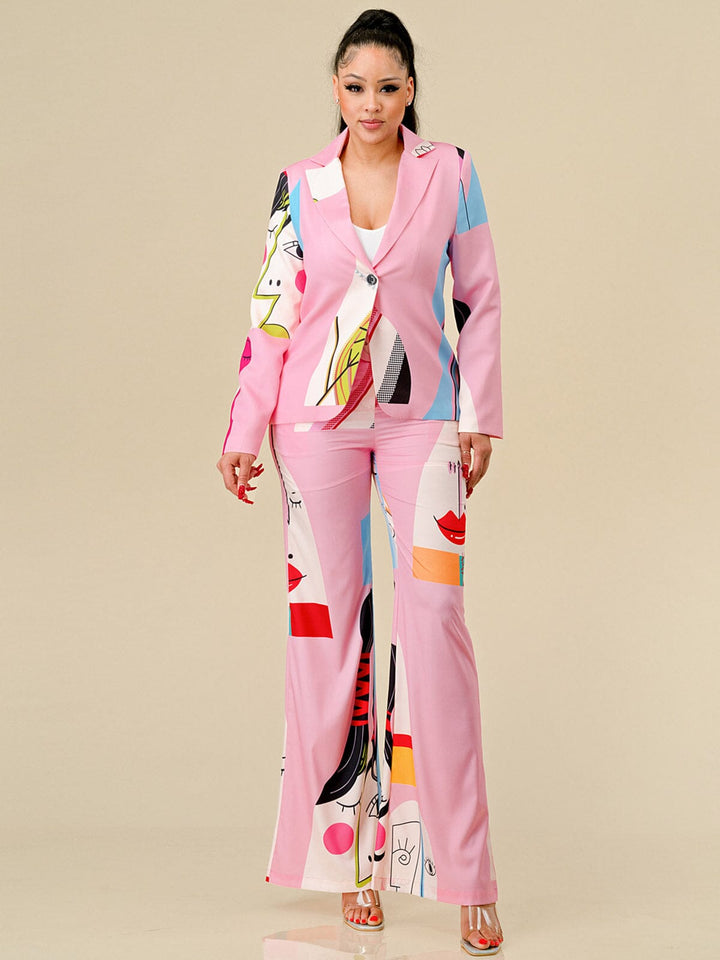 WOMEN'S LONG SLEEVE BLAZER & BELTED PANTS MULTI PRINT 2PC.SET