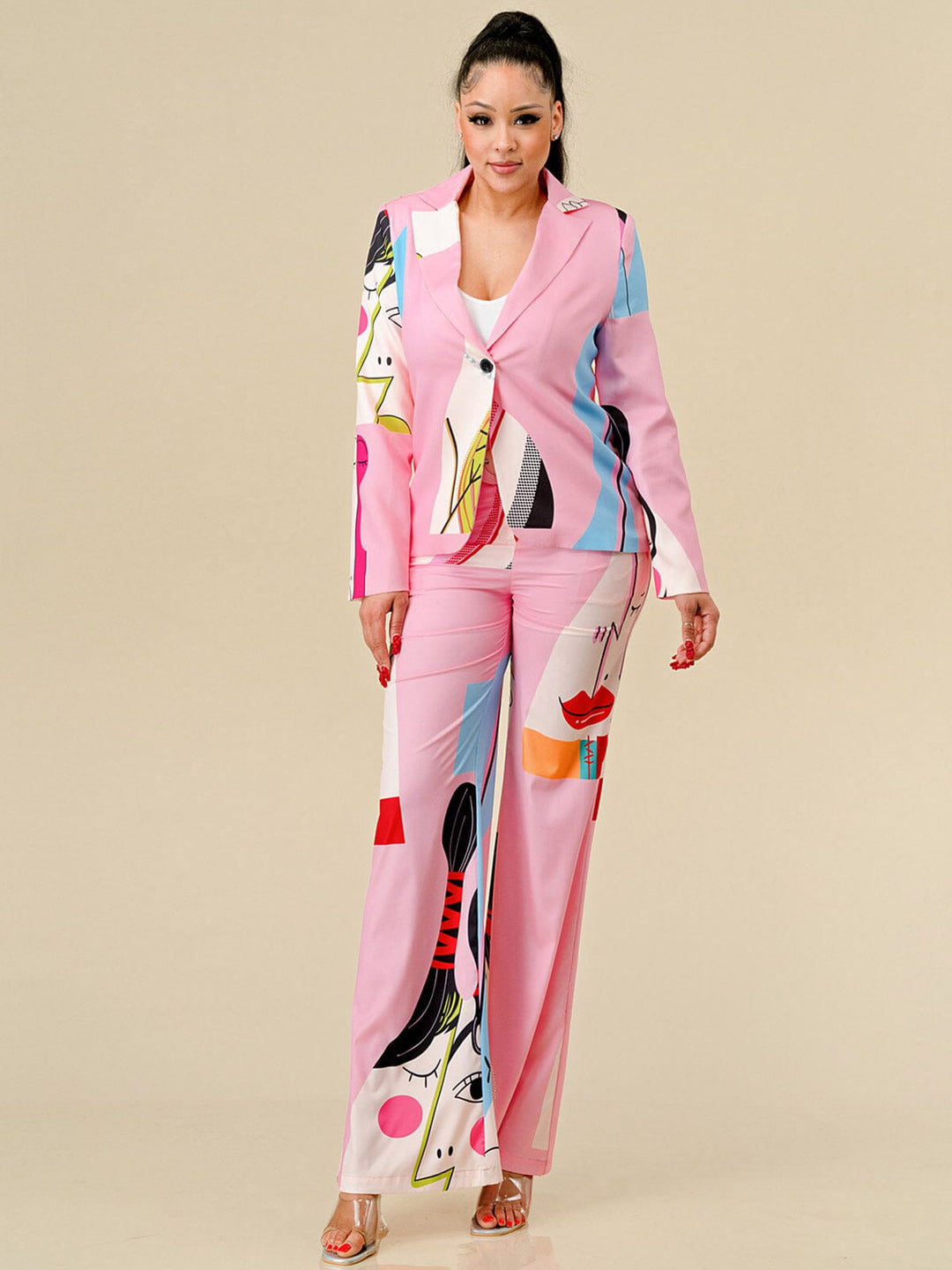WOMEN'S LONG SLEEVE BLAZER & BELTED PANTS MULTI PRINT 2PC.SET