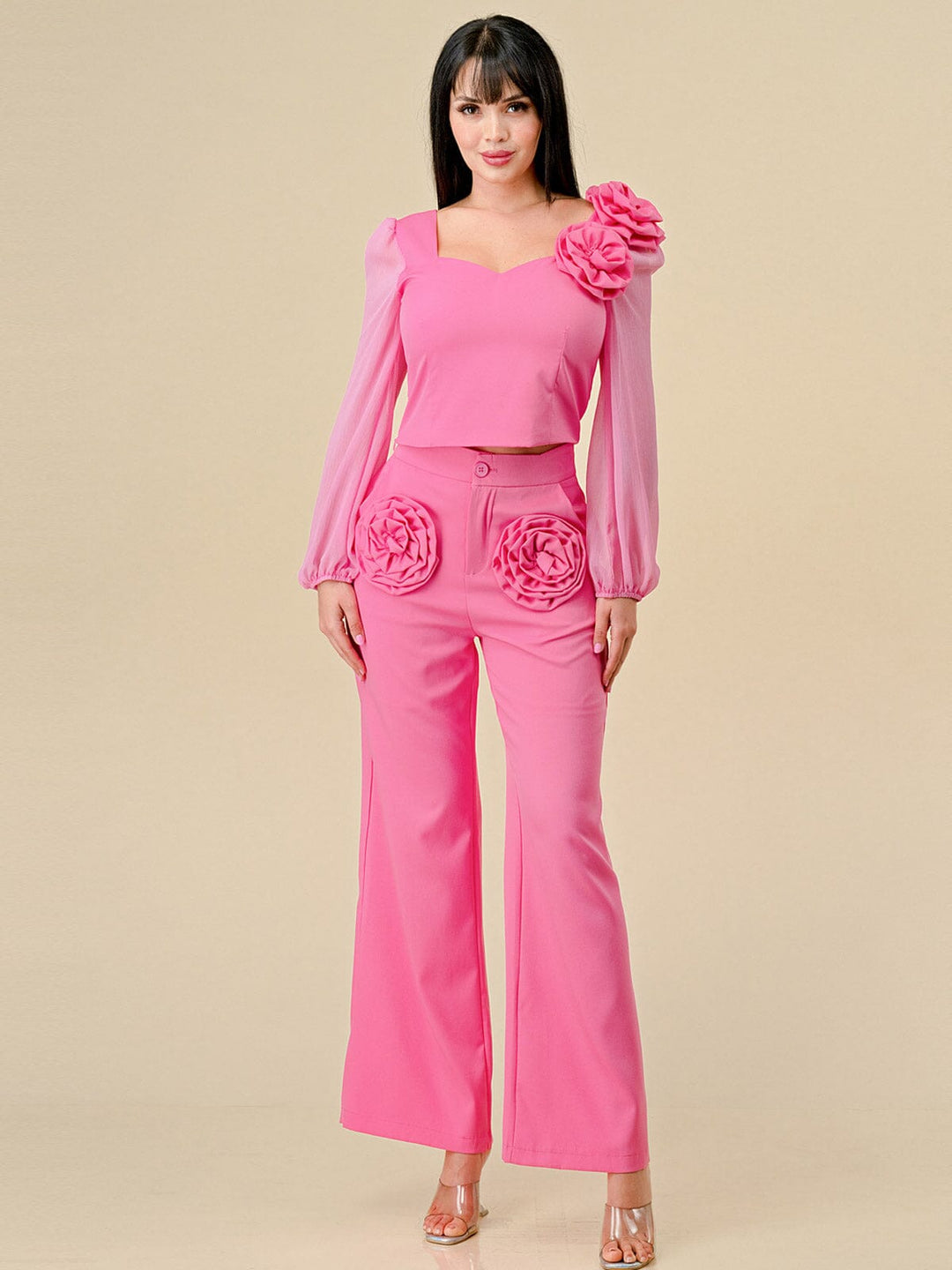 WOMEN'S LONG SLEEVE BLOUSE & BUTTON CLOSURE PANTS FLOWERS DETAILED 2PC.SET
