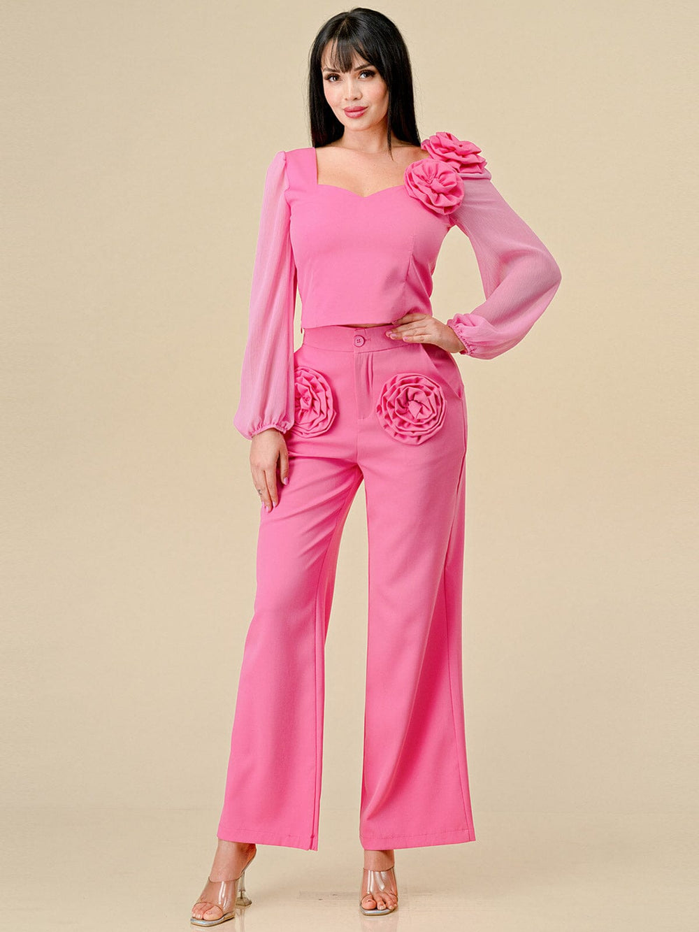 WOMEN'S LONG SLEEVE BLOUSE & BUTTON CLOSURE PANTS FLOWERS DETAILED 2PC.SET
