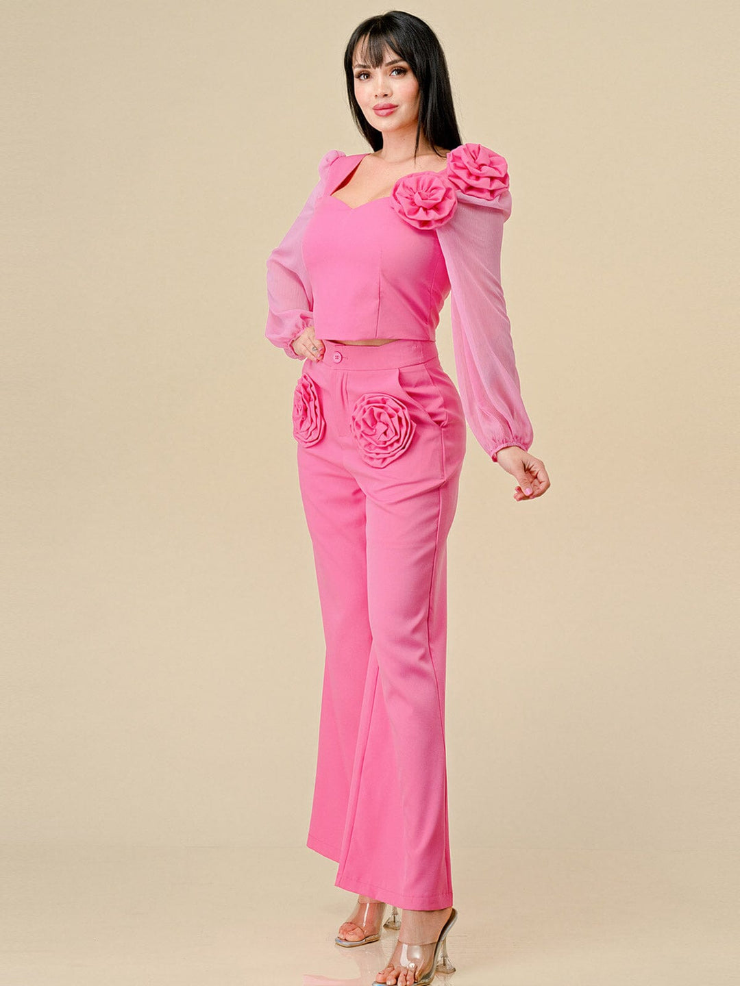WOMEN'S LONG SLEEVE BLOUSE & BUTTON CLOSURE PANTS FLOWERS DETAILED 2PC.SET