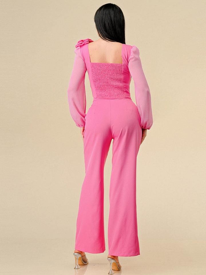 WOMEN'S LONG SLEEVE BLOUSE & BUTTON CLOSURE PANTS FLOWERS DETAILED 2PC.SET