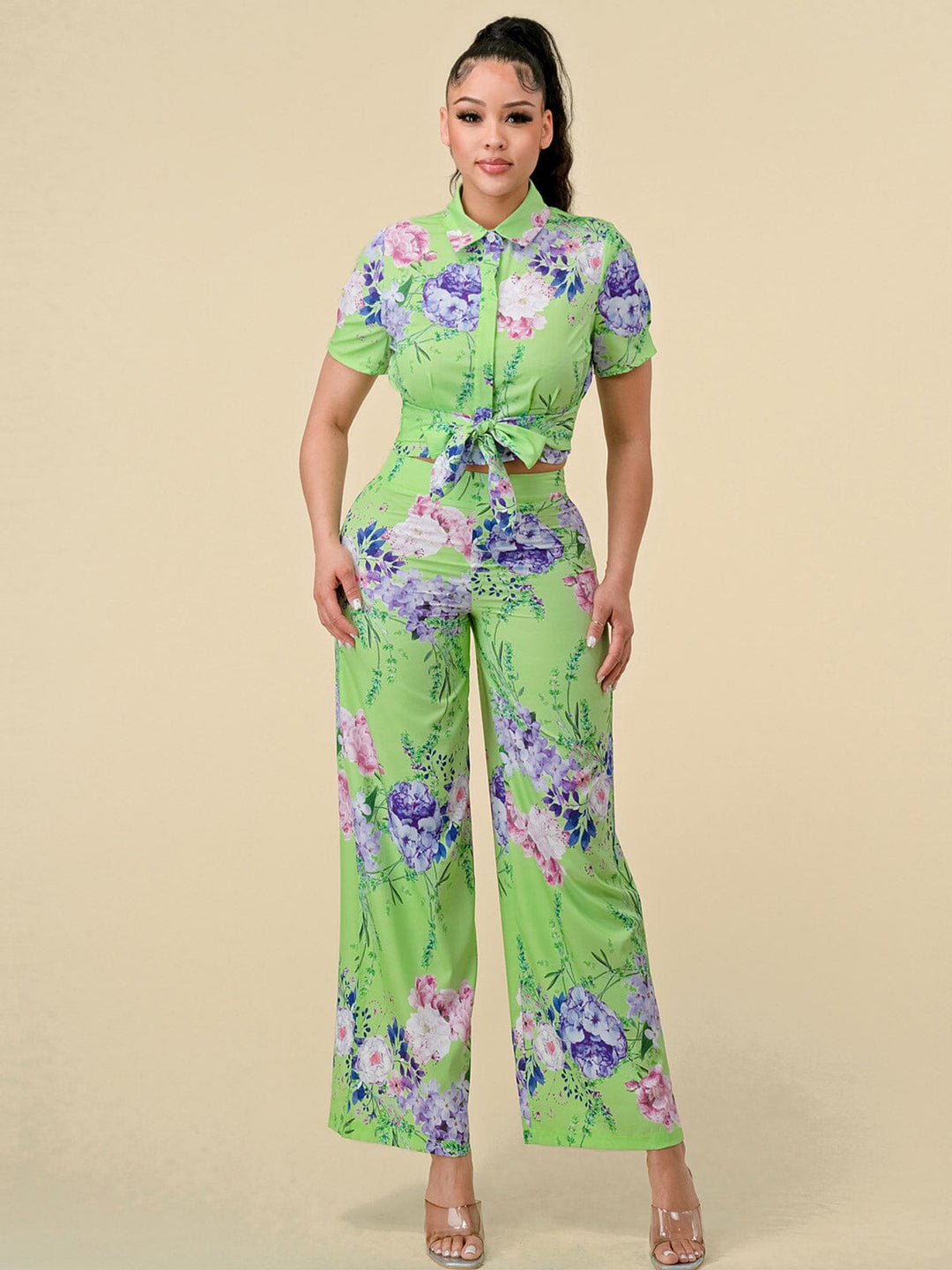 WOMEN'S SHORT SLEEVE BLOUSE & ZIP UP PANTS FLORAL PRINT 2PC.SET