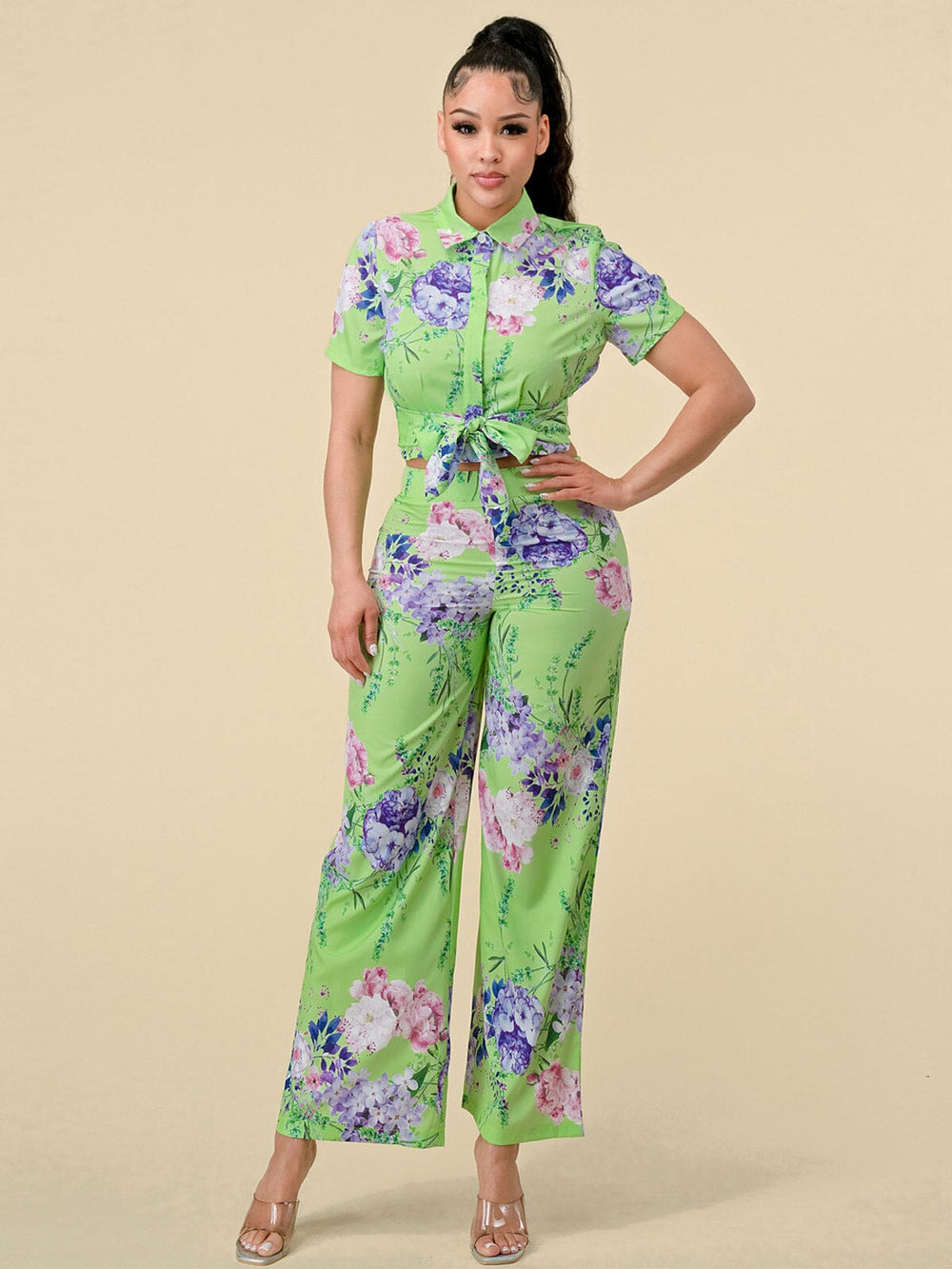 WOMEN'S SHORT SLEEVE BLOUSE & ZIP UP PANTS FLORAL PRINT 2PC.SET