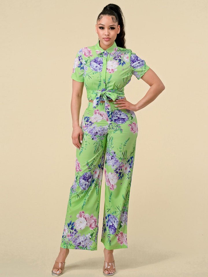 WOMEN'S SHORT SLEEVE BLOUSE & ZIP UP PANTS FLORAL PRINT 2PC.SET