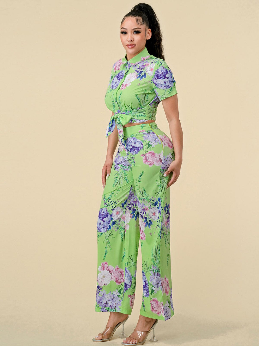 WOMEN'S SHORT SLEEVE BLOUSE & ZIP UP PANTS FLORAL PRINT 2PC.SET