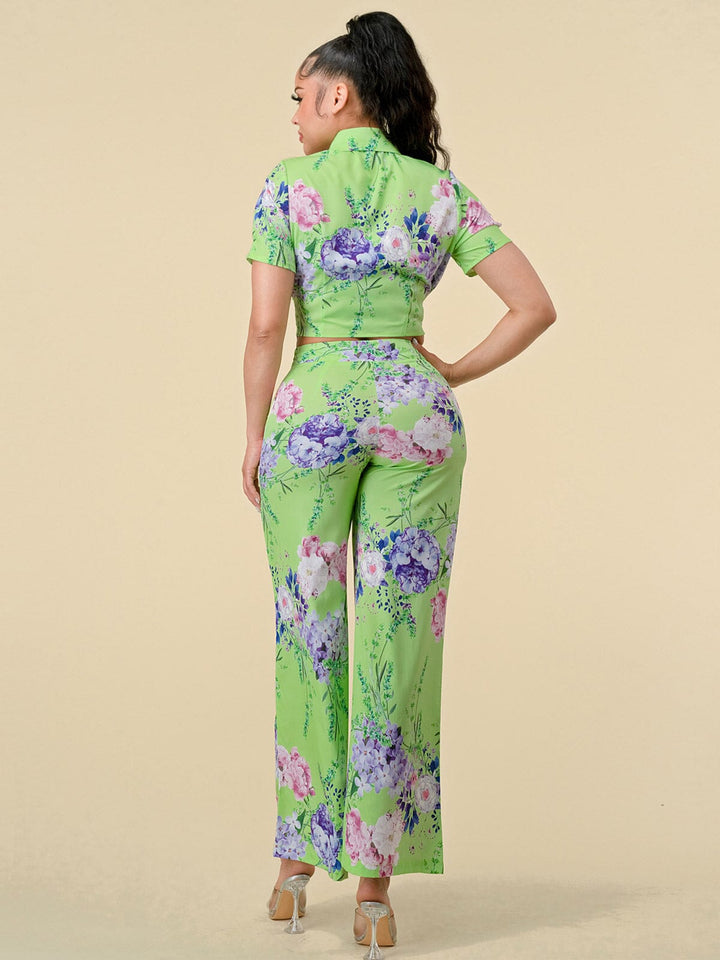 WOMEN'S SHORT SLEEVE BLOUSE & ZIP UP PANTS FLORAL PRINT 2PC.SET