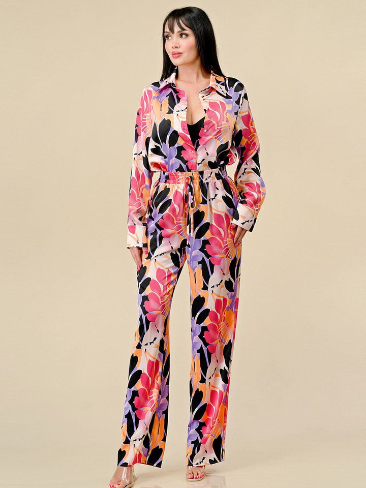 WOMEN'S LONG SLEEVE BLOUSE & WIDE LEG PANTS FLORAL PRINT 2PC. SET