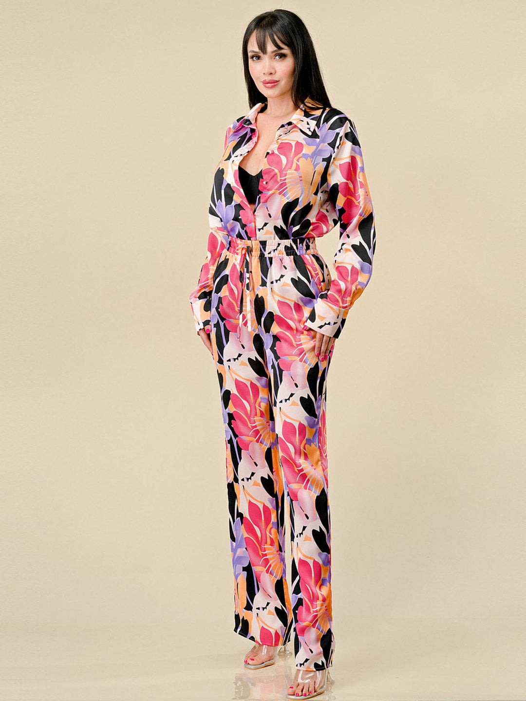 WOMEN'S LONG SLEEVE BLOUSE & WIDE LEG PANTS FLORAL PRINT 2PC. SET