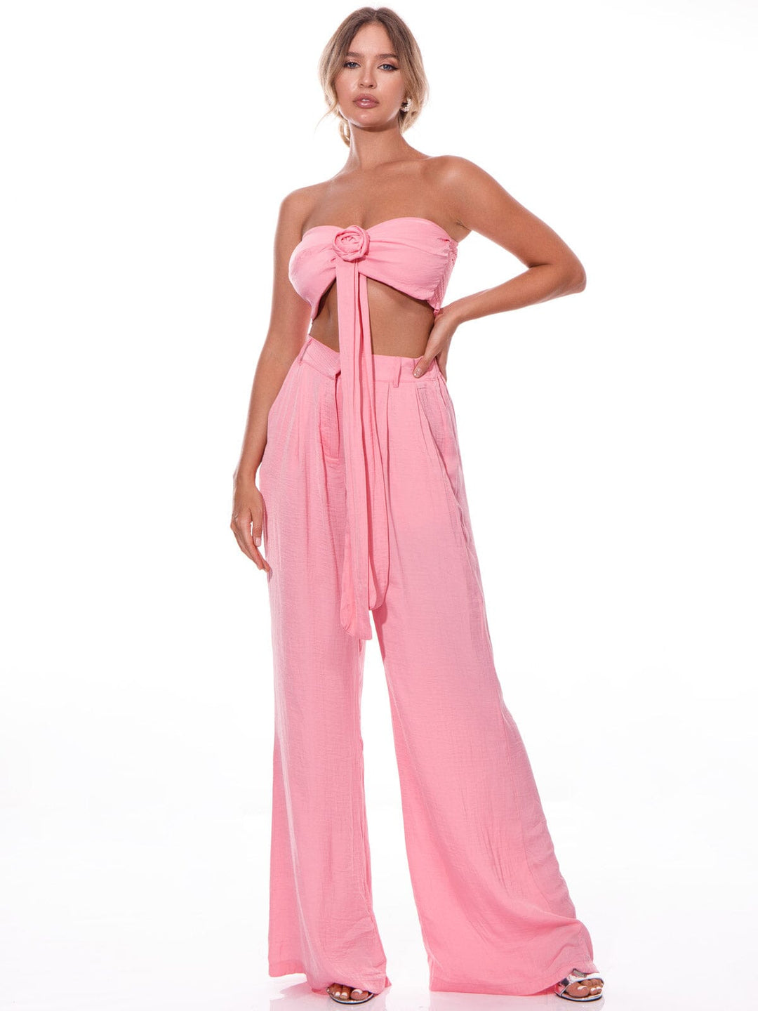 WOMEN'S CROP TOP & ELASTIC WAIST PANTS FLOWER DETAILED 2PC SET