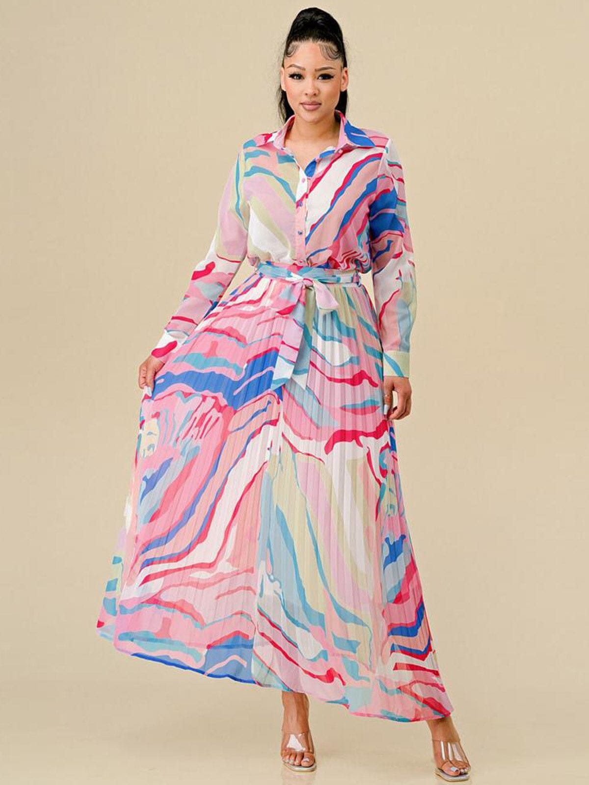 WOMEN'S LONG SLEEVE BLOUSE & ZIP UP PLEATED MAXI SKIRT MULTI PRINT 2PC. SET