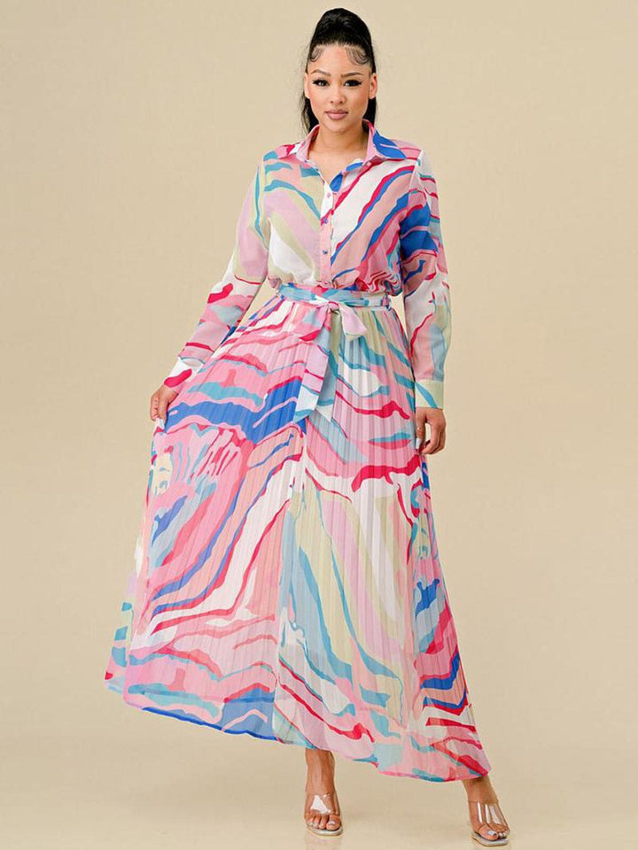 WOMEN'S LONG SLEEVE BLOUSE & ZIP UP PLEATED MAXI SKIRT MULTI PRINT 2PC. SET