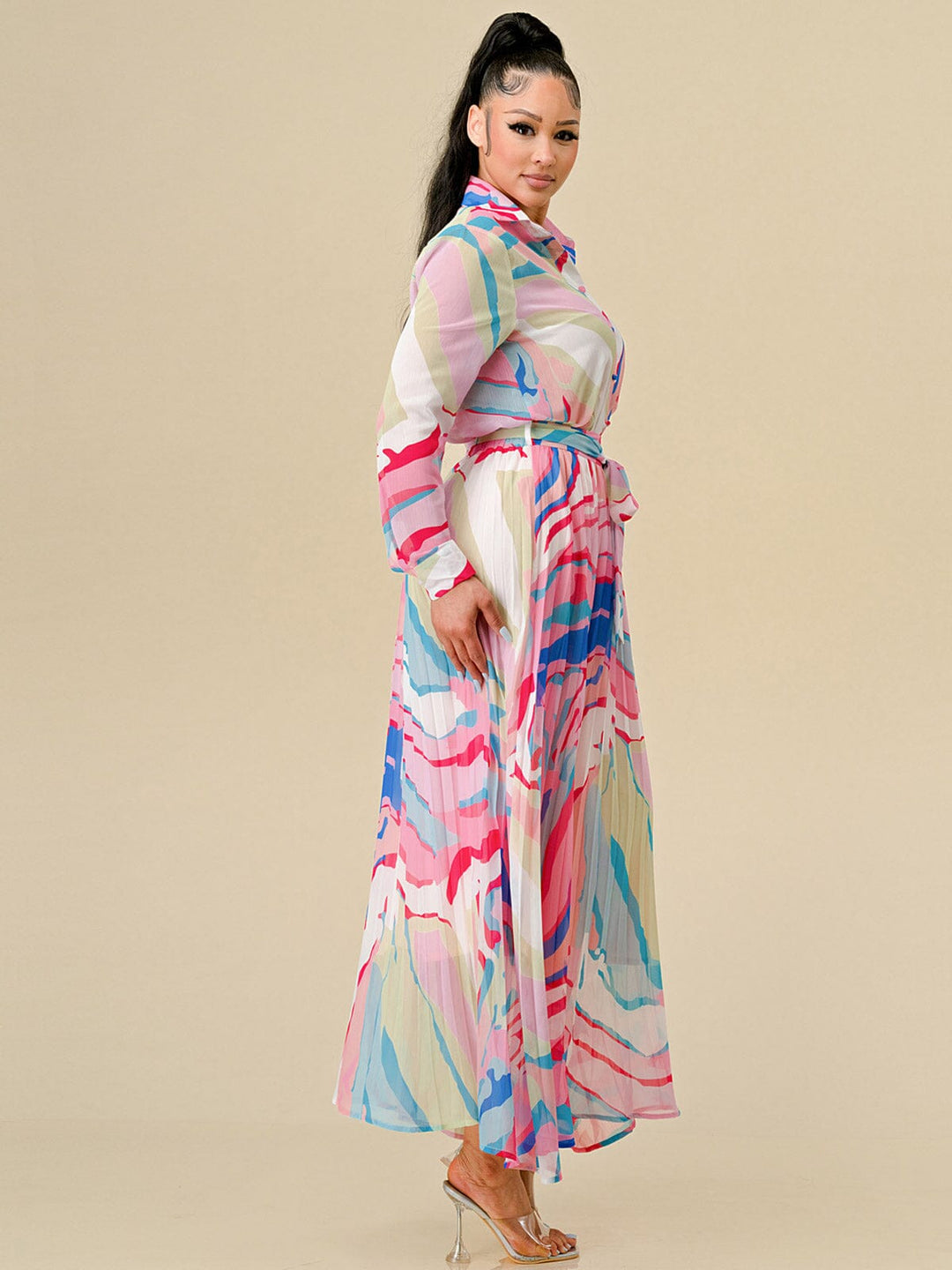WOMEN'S LONG SLEEVE BLOUSE & ZIP UP PLEATED MAXI SKIRT MULTI PRINT 2PC. SET