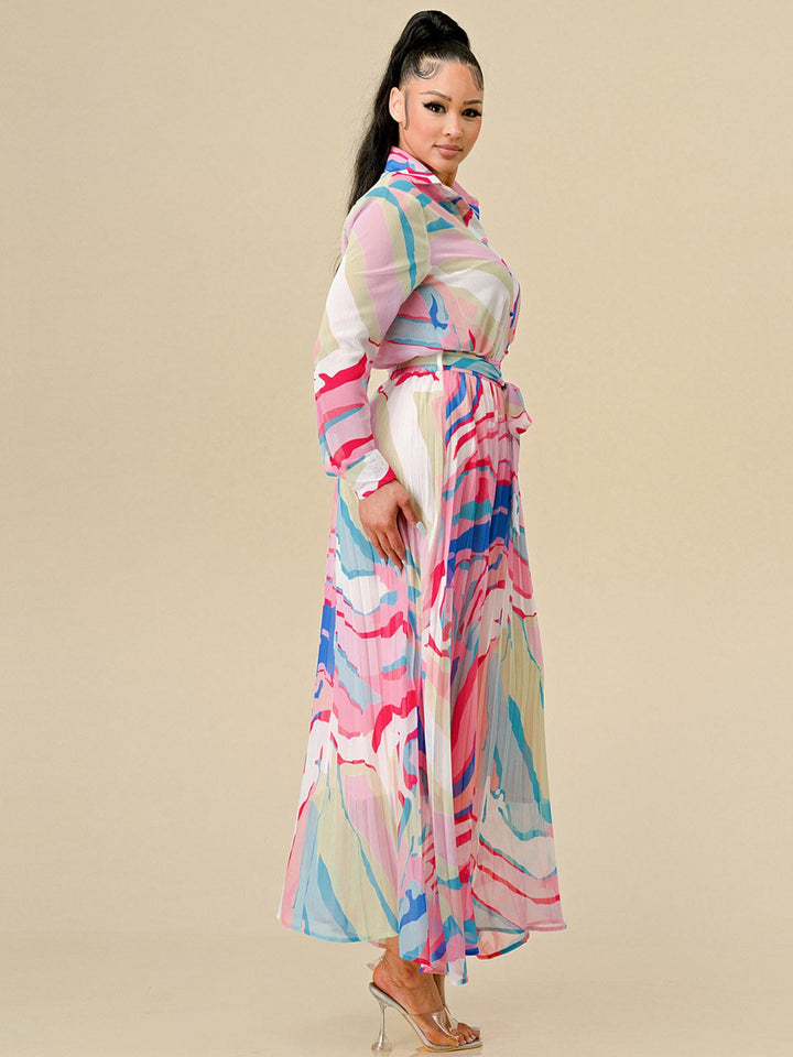 WOMEN'S LONG SLEEVE BLOUSE & ZIP UP PLEATED MAXI SKIRT MULTI PRINT 2PC. SET