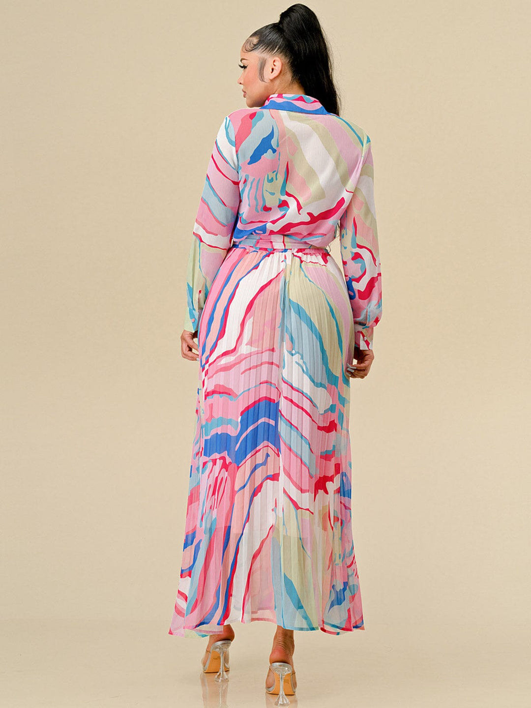WOMEN'S LONG SLEEVE BLOUSE & ZIP UP PLEATED MAXI SKIRT MULTI PRINT 2PC. SET