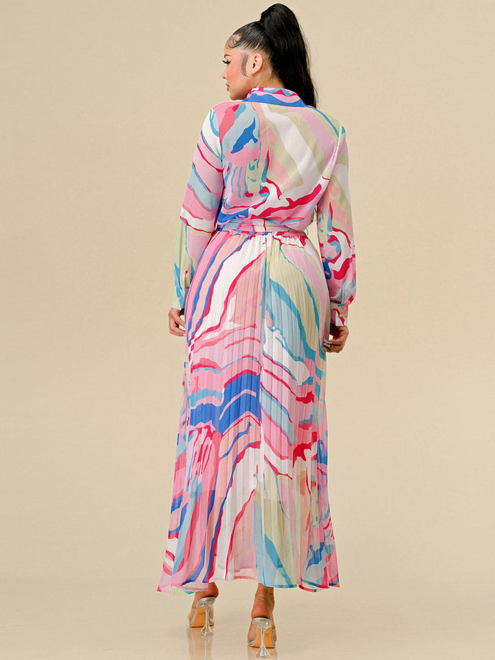 WOMEN'S LONG SLEEVE BLOUSE & ZIP UP PLEATED MAXI SKIRT MULTI PRINT 2PC. SET
