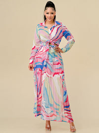 WOMEN'S LONG SLEEVE BLOUSE & ZIP UP PLEATED MAXI SKIRT MULTI PRINT 2PC. SET
