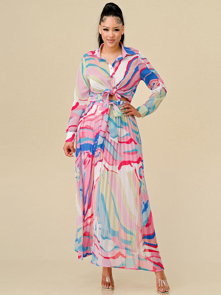 WOMEN'S LONG SLEEVE BLOUSE & ZIP UP PLEATED MAXI SKIRT MULTI PRINT 2PC. SET