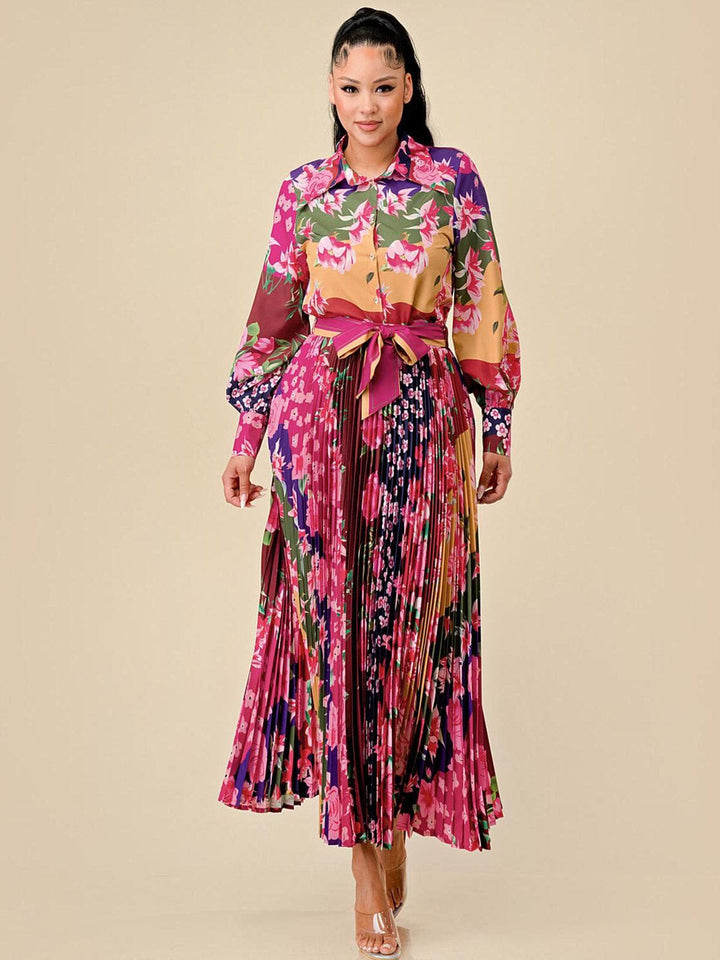 WOMEN'S LONG SLEEVE BLOUSE & PLEATED MAXI SKIRT FLORAL PRINT 2PC. SET