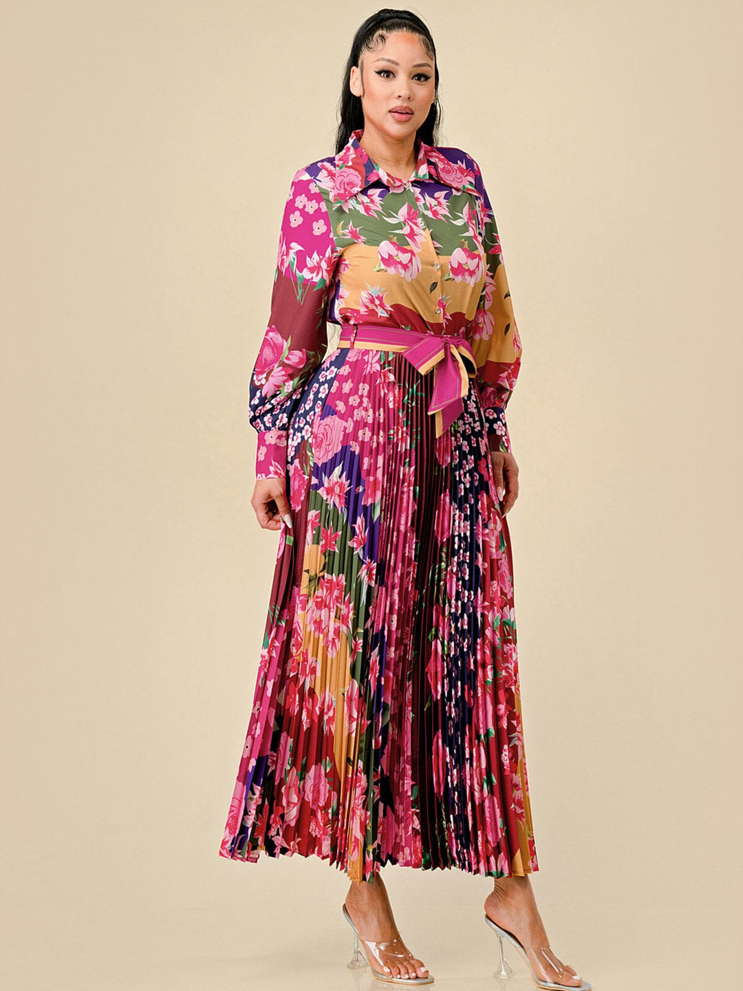 WOMEN'S LONG SLEEVE BLOUSE & PLEATED MAXI SKIRT FLORAL PRINT 2PC. SET