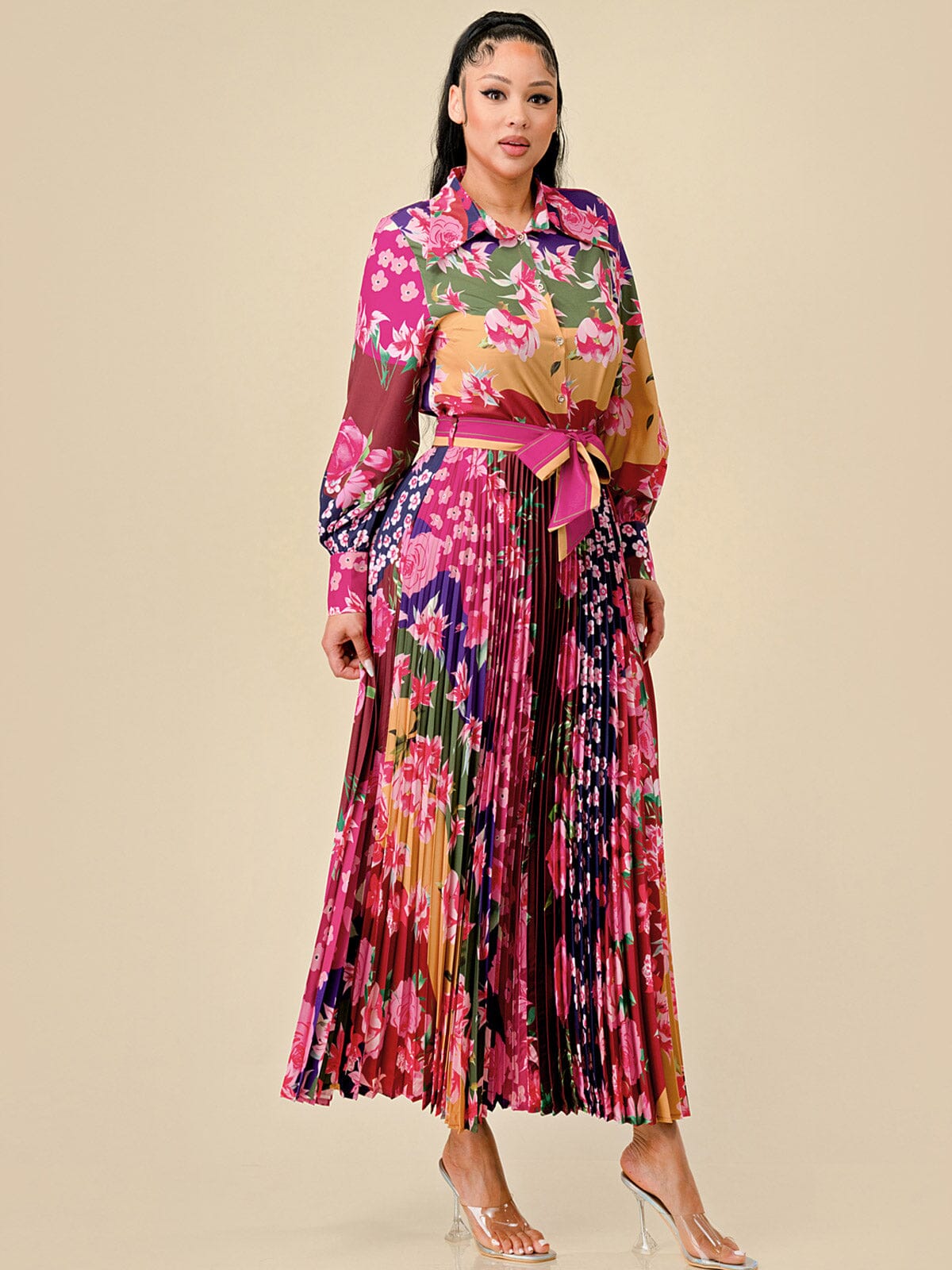 WOMEN'S LONG SLEEVE BLOUSE & PLEATED MAXI SKIRT FLORAL PRINT 2PC. SET