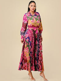 WOMEN'S LONG SLEEVE BLOUSE & PLEATED MAXI SKIRT FLORAL PRINT 2PC. SET