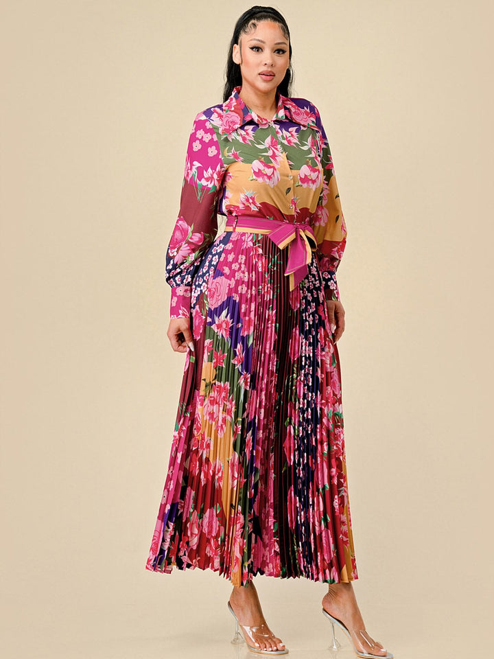 WOMEN'S LONG SLEEVE BLOUSE & PLEATED MAXI SKIRT FLORAL PRINT 2PC. SET
