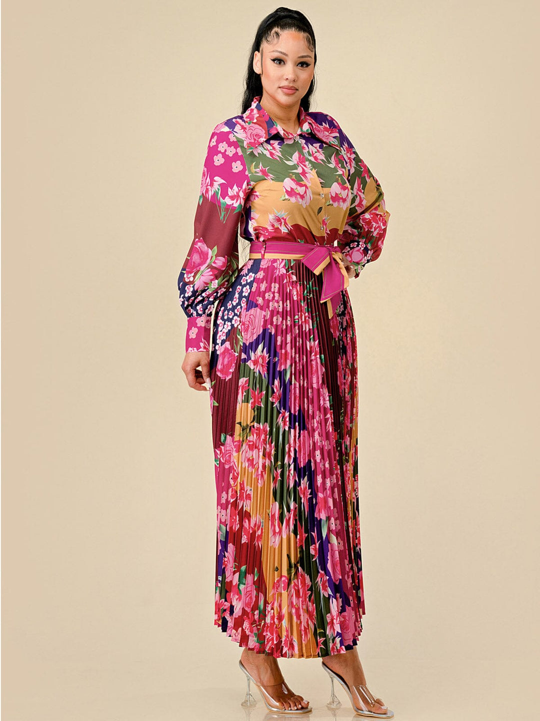 WOMEN'S LONG SLEEVE BLOUSE & PLEATED MAXI SKIRT FLORAL PRINT 2PC. SET