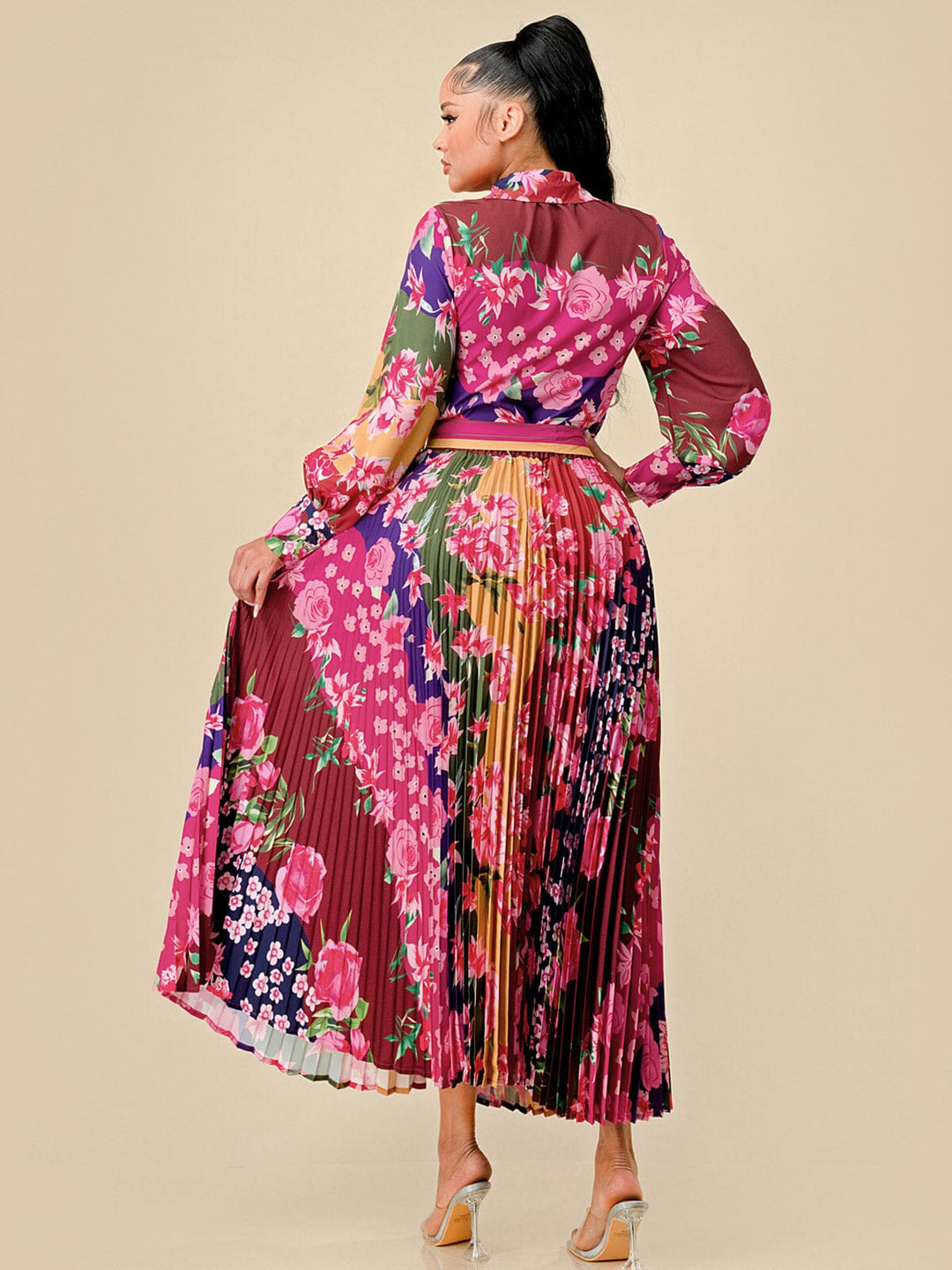 WOMEN'S LONG SLEEVE BLOUSE & PLEATED MAXI SKIRT FLORAL PRINT 2PC. SET