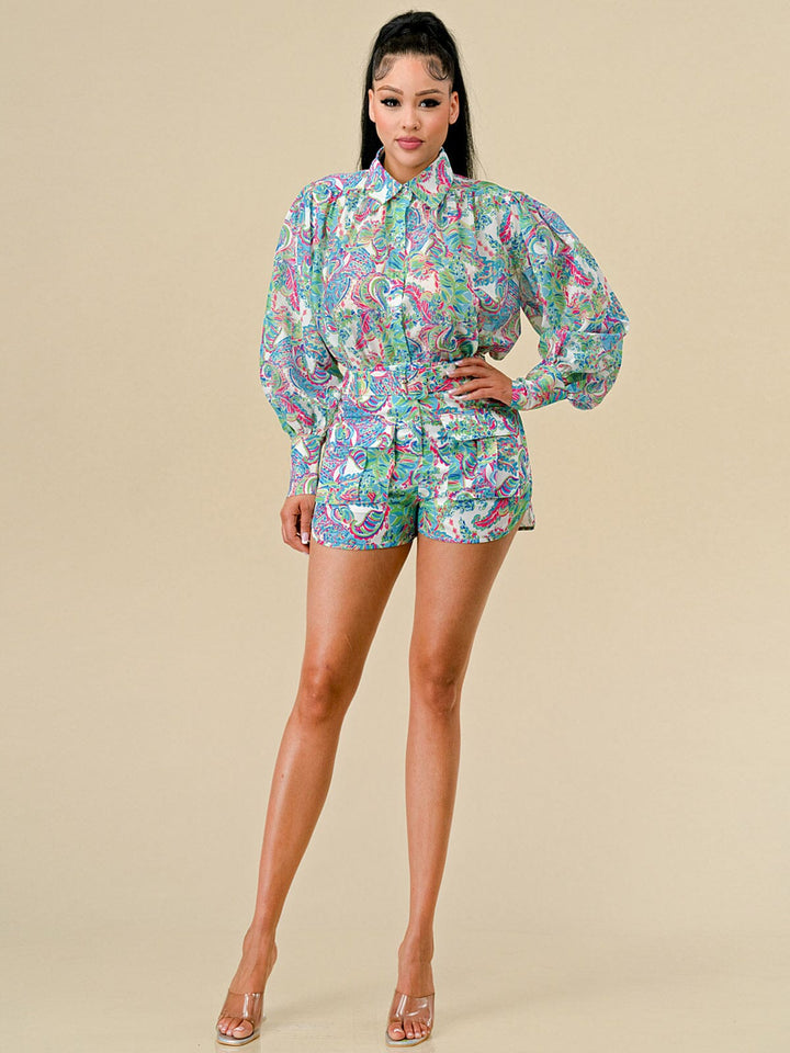 WOMEN'S LONG SLEEVE BLOUSE & MINI SHORTS MULTI PRINT 2PC. SET