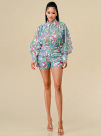WOMEN'S LONG SLEEVE BLOUSE & MINI SHORTS MULTI PRINT 2PC. SET