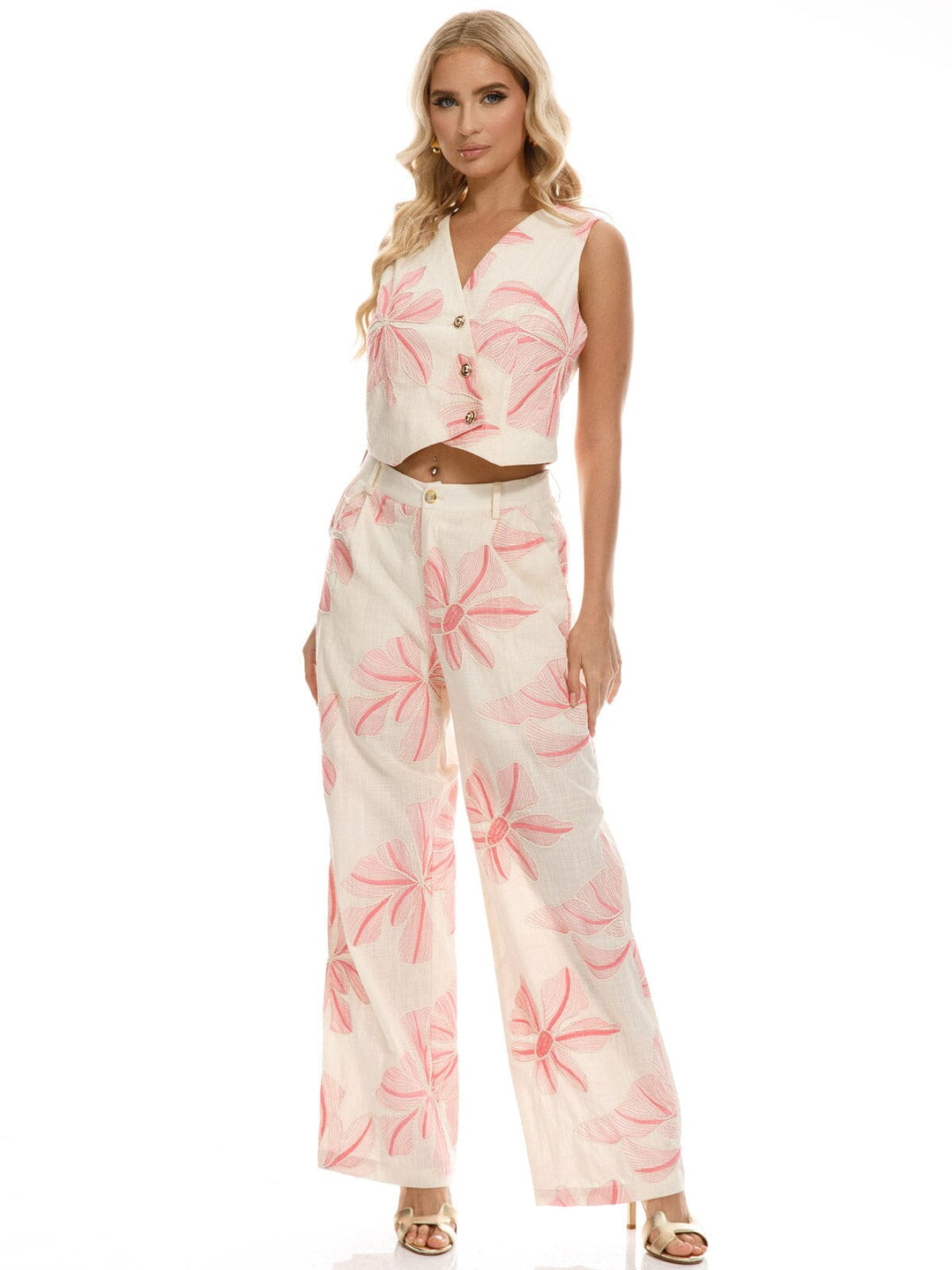WOMEN'S SLEEVELESS TOP & WIDE LEG PANTS EMBROIDERY DETAILED 2PC. SET