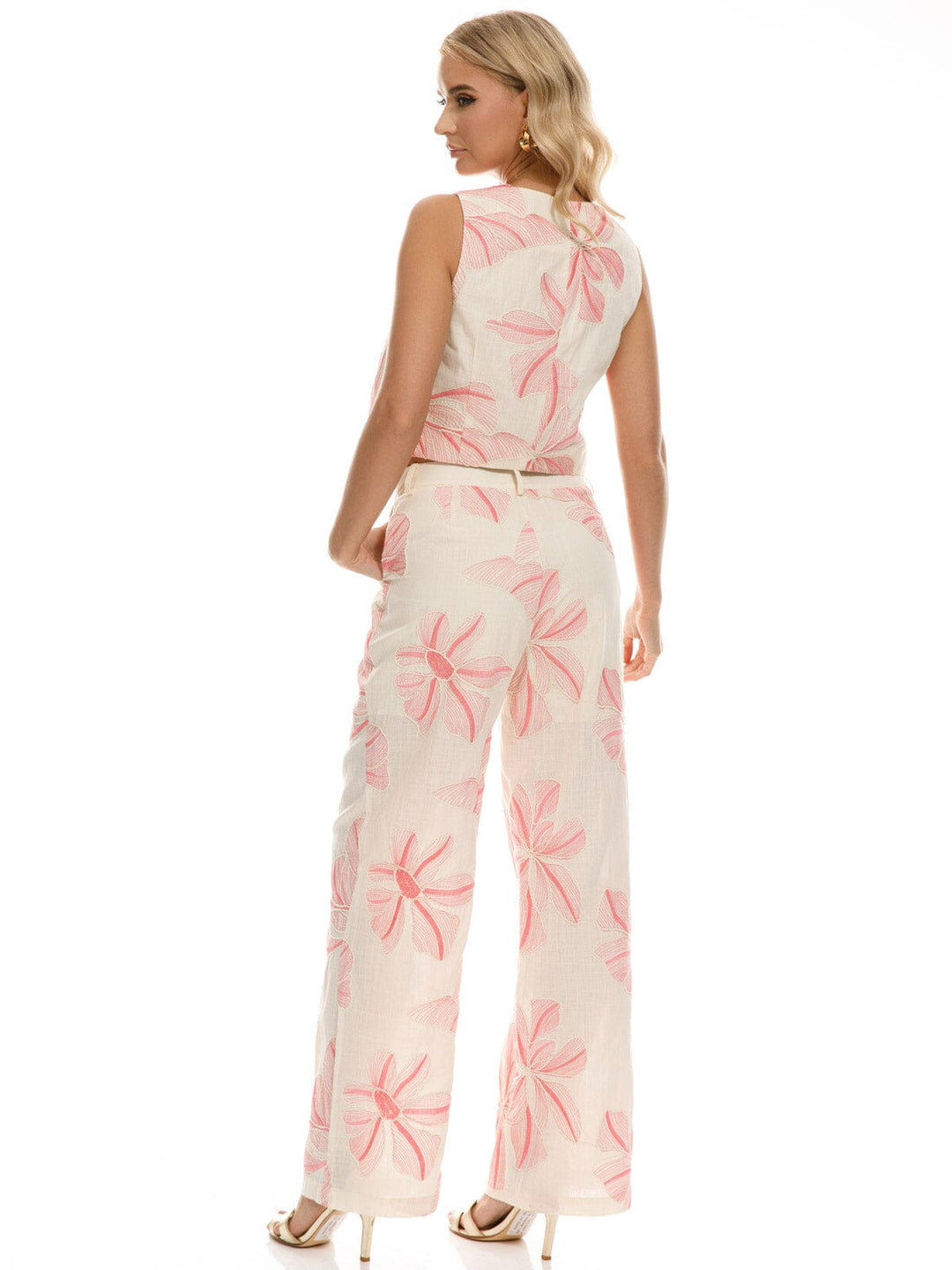 WOMEN'S SLEEVELESS TOP & WIDE LEG PANTS EMBROIDERY DETAILED 2PC. SET