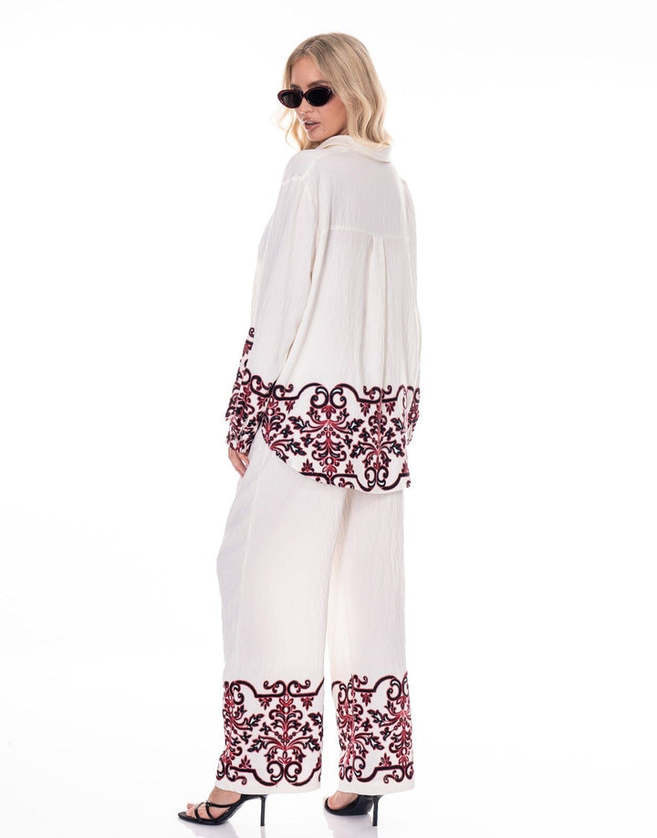 WOMEN'S LONG SLEEVE TOP WITH BRALETT & ELASTIC WAIST PANTS EMBROIDERY DETAILED 3PC. SET