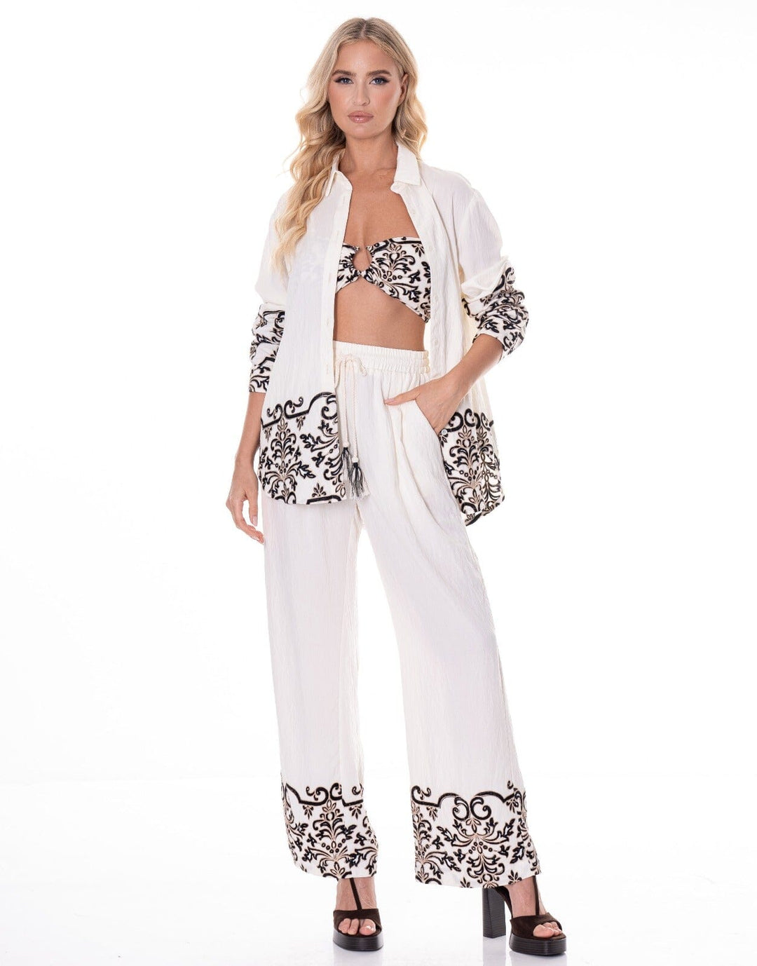 WOMEN'S LONG SLEEVE TOP WITH BRALETT & ELASTIC WAIST PANTS EMBROIDERY DETAILED 3PC. SET