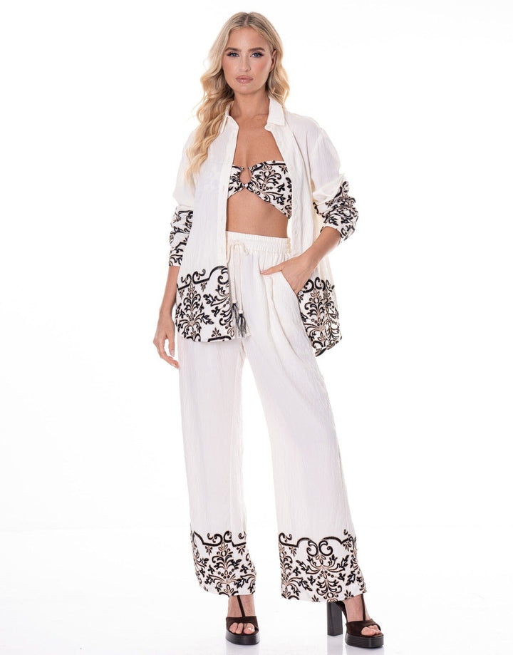 WOMEN'S LONG SLEEVE TOP WITH BRALETT & ELASTIC WAIST PANTS EMBROIDERY DETAILED 3PC. SET