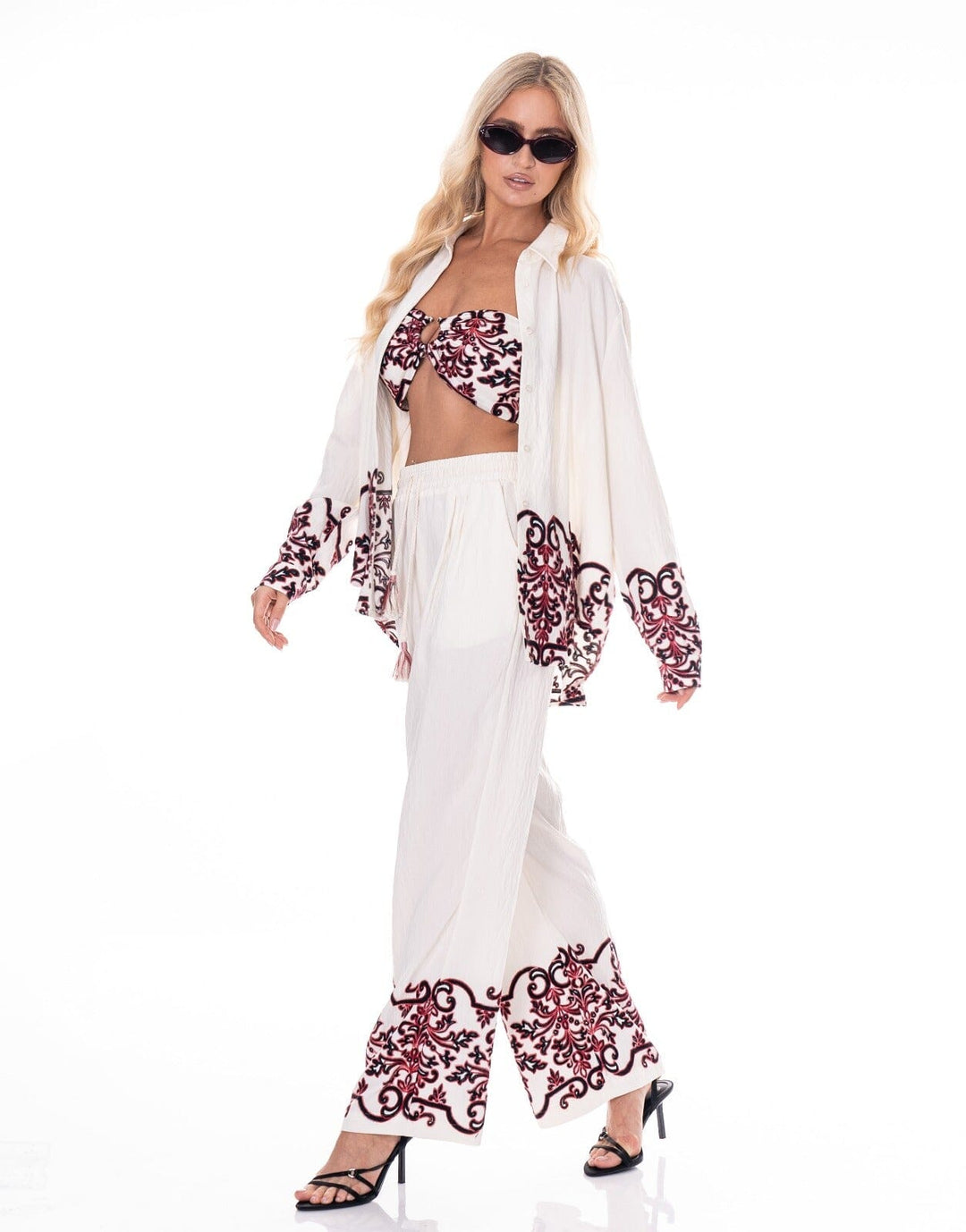 WOMEN'S LONG SLEEVE TOP WITH BRALETT & ELASTIC WAIST PANTS EMBROIDERY DETAILED 3PC. SET