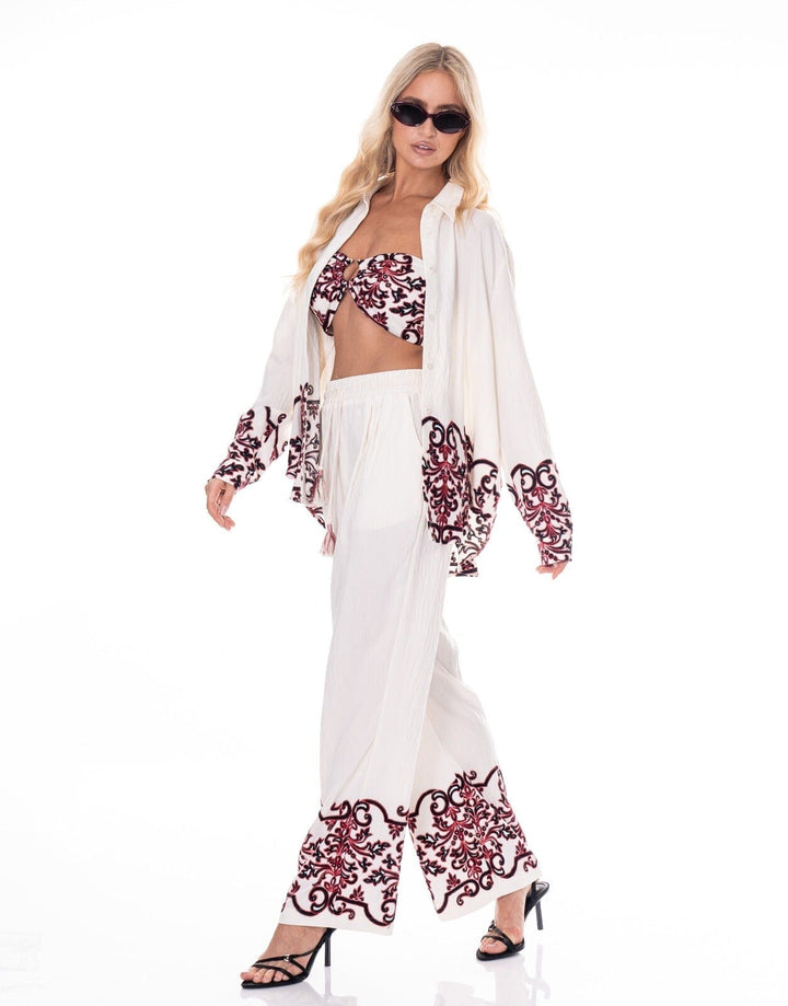 WOMEN'S LONG SLEEVE TOP WITH BRALETT & ELASTIC WAIST PANTS EMBROIDERY DETAILED 3PC. SET