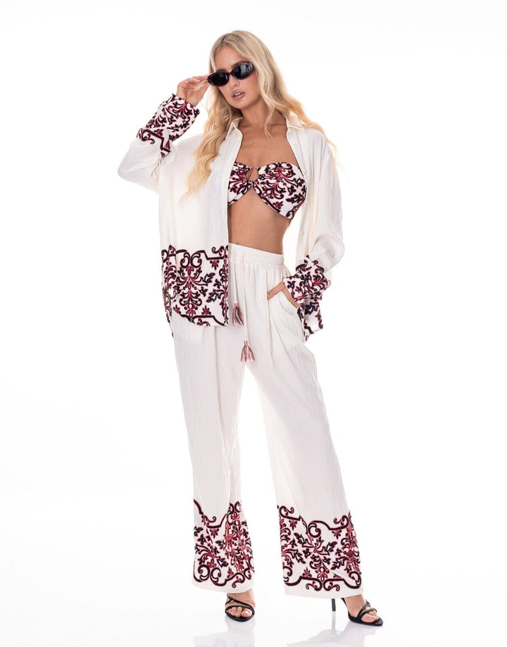 WOMEN'S LONG SLEEVE TOP WITH BRALETT & ELASTIC WAIST PANTS EMBROIDERY DETAILED 3PC. SET