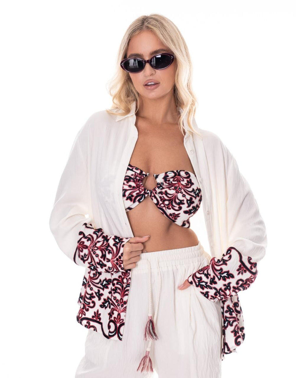 WOMEN'S LONG SLEEVE TOP WITH BRALETT & ELASTIC WAIST PANTS EMBROIDERY DETAILED 3PC. SET