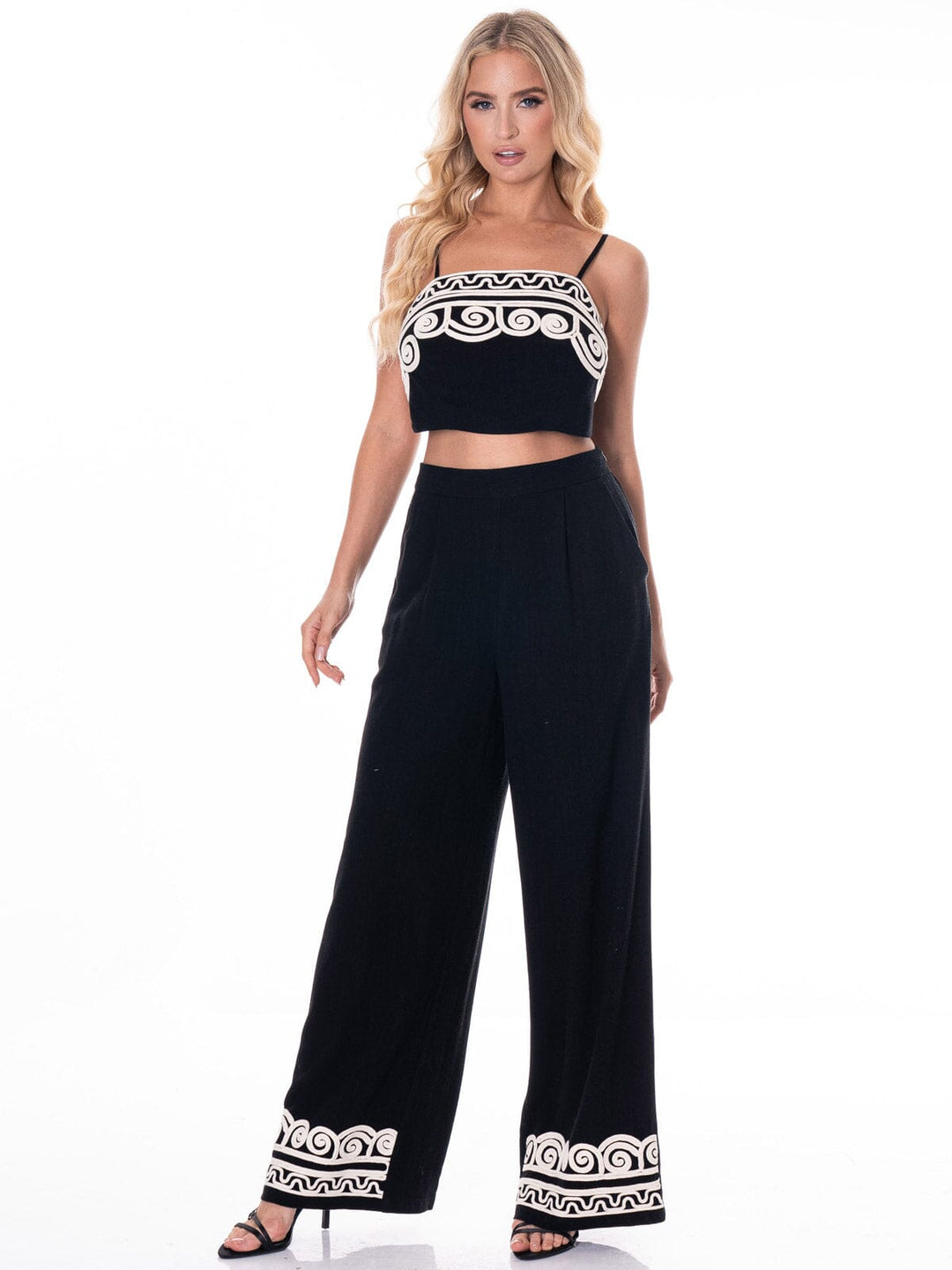 WOMEN'S SLEEVELESS TOP & WIDE LEG PANTS EMBROIDERY DETAILED 2PC. SET